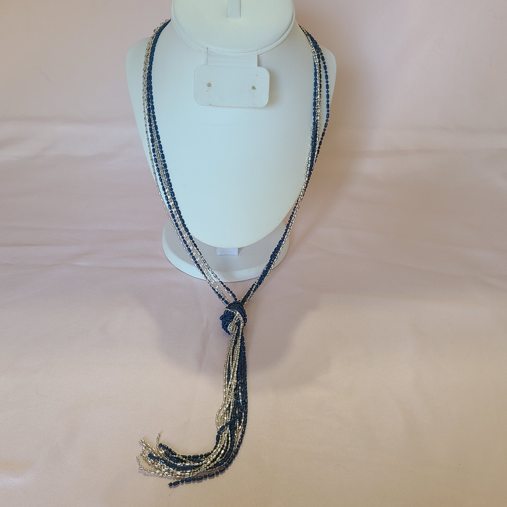 Db Dress Barn Blue Silver Tone Ball Bead Chain Knot Tassel Pendant Necklace